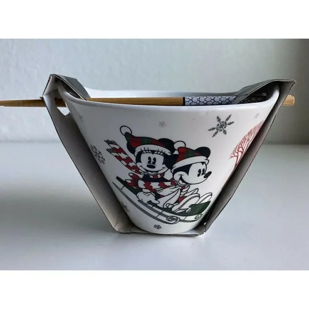 Disney Mickey & Minnie Mouse Christmas Holiday Ramen Bowl Chopsticks Sled Winter